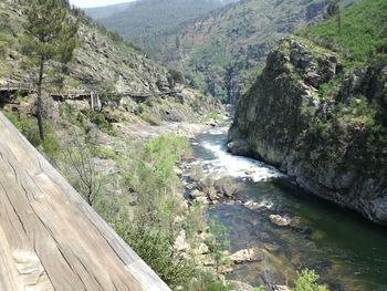 High angle view of river amidst mountains