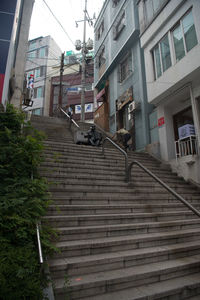 Low angle view of bird on steps in city