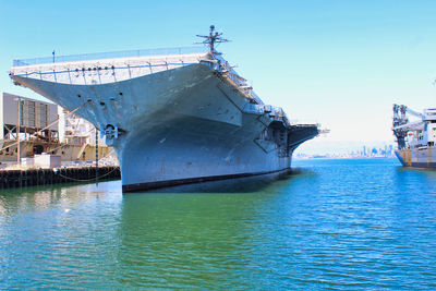 Panoramic view of sea against clear blue sky