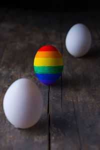 High angle view of multi colored ball on table