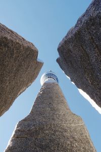 Low angle view of rocks by tokyo sky tree against clear blue sky