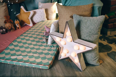 High angle view of christmas decorations on table