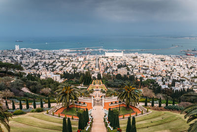 High angle view of buildings in city against sky