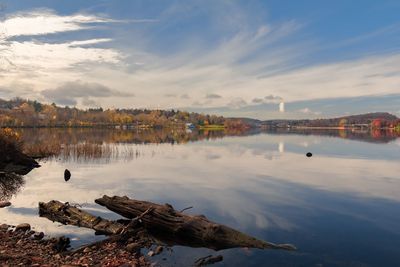 Scenic view of lake against cloudy sky