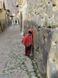 Rear view of child walking on road in peru