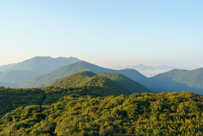 Scenic view of dragons back against clear sky