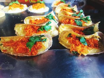 High angle view of serving food on table