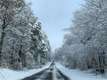 Road amidst snow covered trees during winter