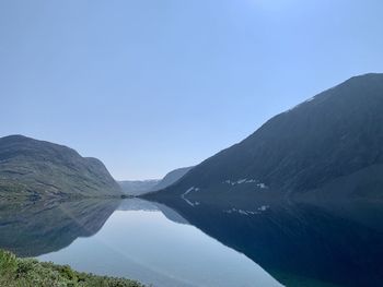 Scenic view of lake and mountains against clear blue sky