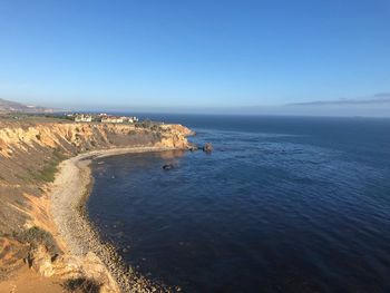 Scenic view of sea against clear blue sky