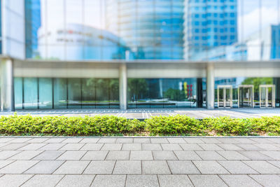 Street by modern buildings in city