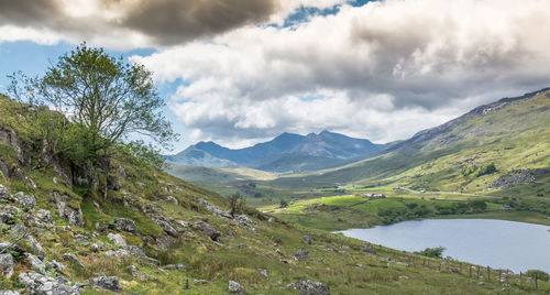 Scenic view of landscape and mountains against sky