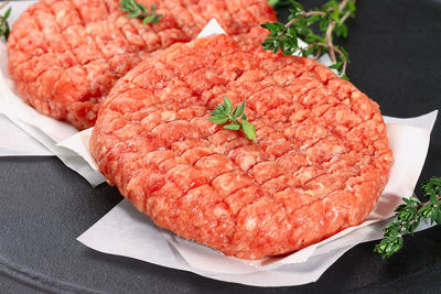 High angle view of meat in plate on table