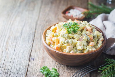 High angle view of food in bowl on table