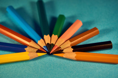 High angle view of multi colored pencils on table