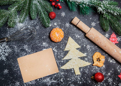 High angle view of christmas decorations on tree