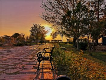 Empty bench in park during sunset
