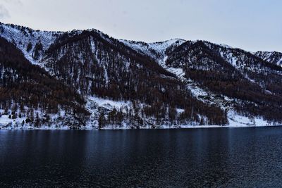 Scenic view of lake by snowcapped mountain against sky