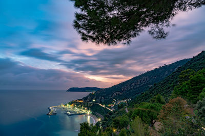 High angle view of sea against sky at sunset