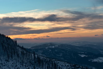 Scenic view of snowcapped mountains against sky during sunset