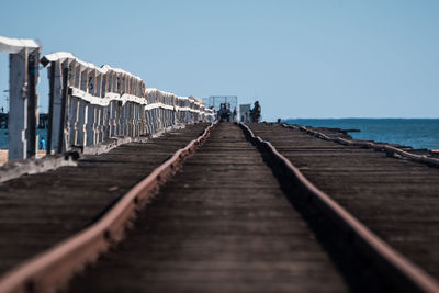 Boardwalk amidst sea against clear blue sky