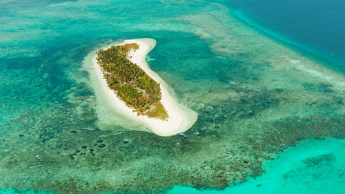 Tropical island on an atoll with beautiful sandy beach by coral reef from above. canimeran island 