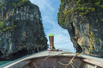 Close-up of rock formations against sky
