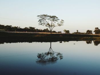 Scenic view of lake against clear sky at sunset