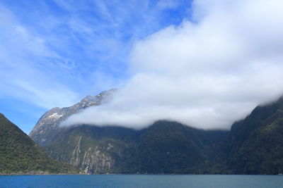 Scenic view of lake and mountains against sky