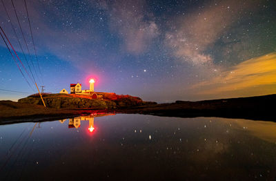 Lighthouse reflecting in water under the night sky milky way.