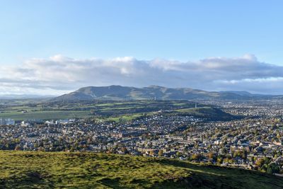High angle shot of townscape against sky