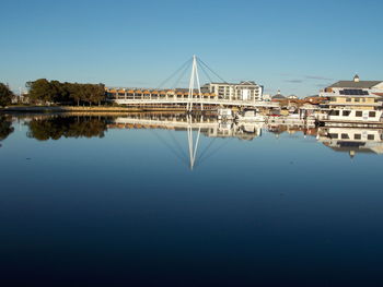 Bridge over river against clear blue sky