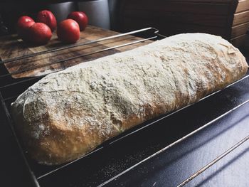 High angle view of bread on cutting board