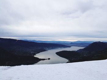 Scenic view of lake against sky during winter