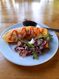 High angle view of food in plate on table