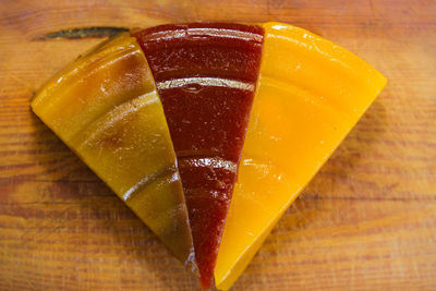 High angle view of dessert on table