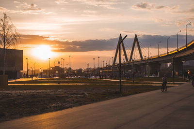 View of suspension bridge at sunset