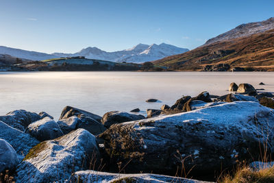 The snowdon horseshoe with a frozen lake in the foreground in snowdonia national park, north wales