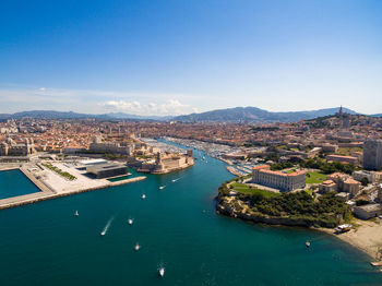 High angle view of city at waterfront