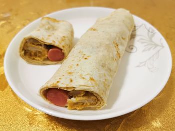 High angle view of food in plate on table