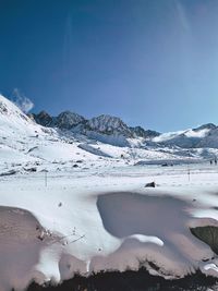 Scenic view of snow covered mountains against sky