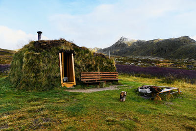 Hiking cabin covered in grass with fireplace on field in the mountains of lofoten islands norway