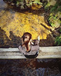 High angle view of girl sitting by plants