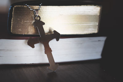 Close-up of old wooden table
