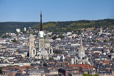 Aerial view of the cathedral of rouen and the church of saint-maclou in rouen, normandy, france.