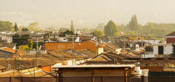 High angle view of buildings against sky