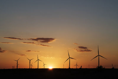 Silhouette of wind turbines at sunset