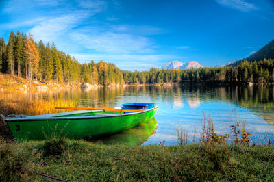 Boats in calm lake