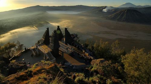 High angle view of building and mountains