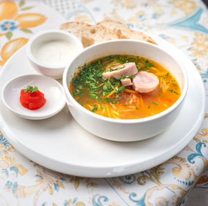 Close-up of soup in bowl on table